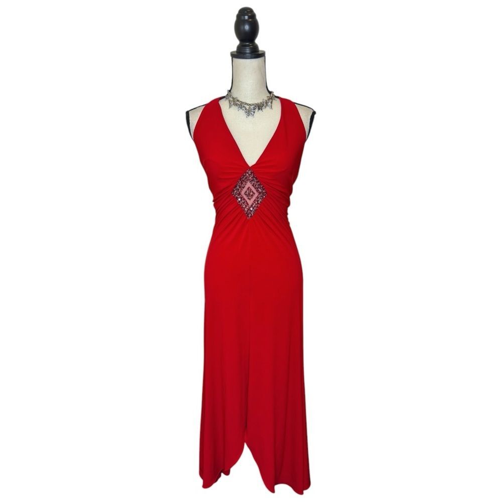 Y2K Red Beaded Tulip Hem Maxi Formal Halter Dress Size Medium